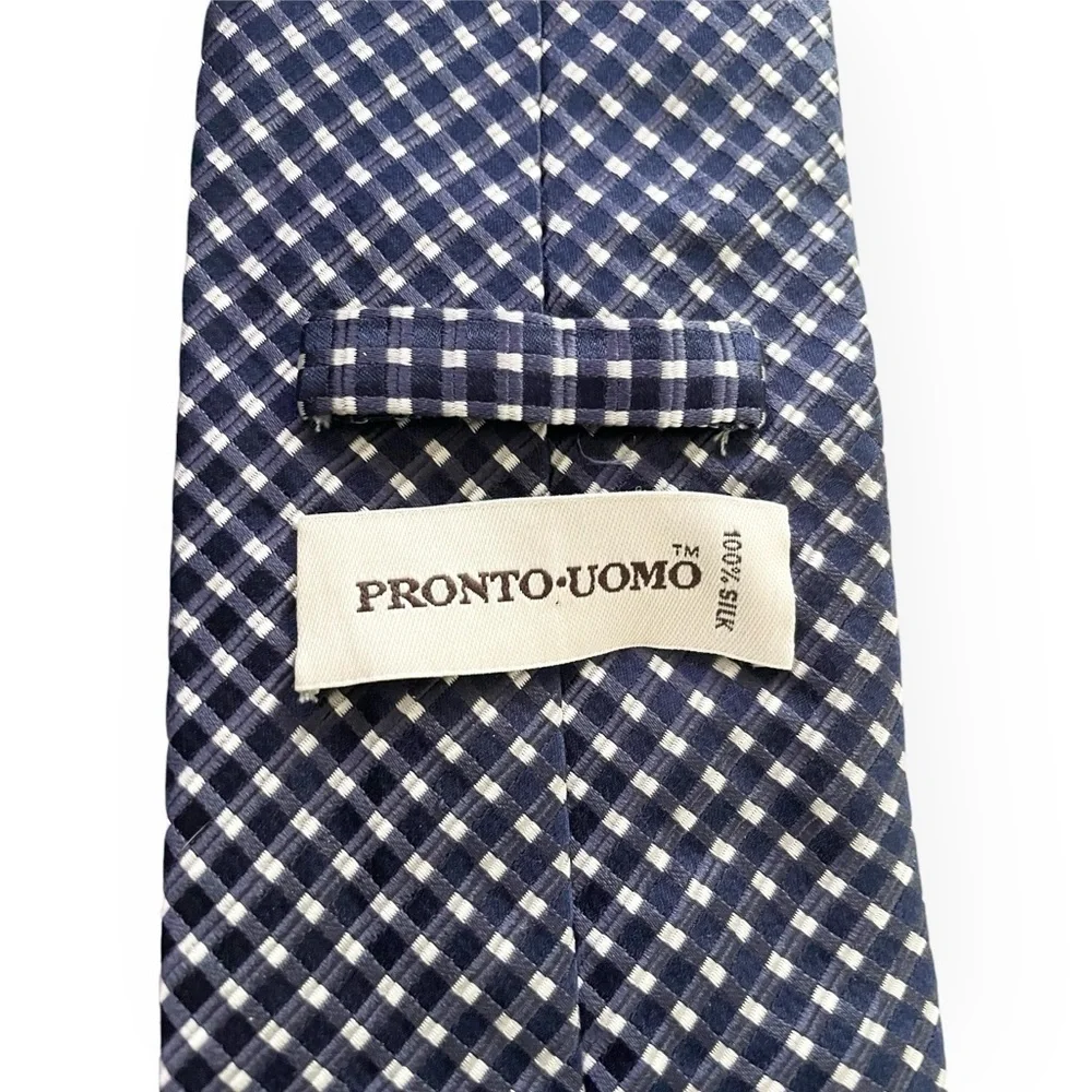 Pronto Uomo men’s gingham blue and white silk neck tie